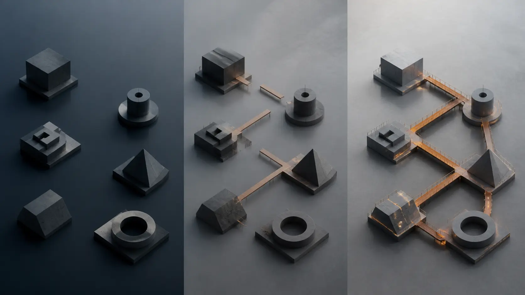 Abstract composition of separated geometric forms on the left becoming connected by warm amber bridges into a unified structure on the right — islands to archipelago