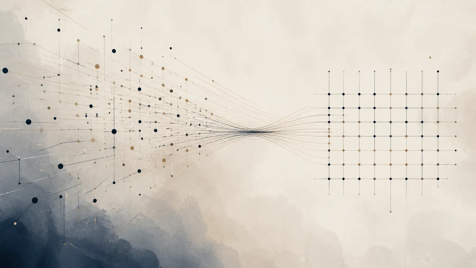 Abstract composition showing scattered nodes on the left converging into an organized grid on the right — scattered to unified